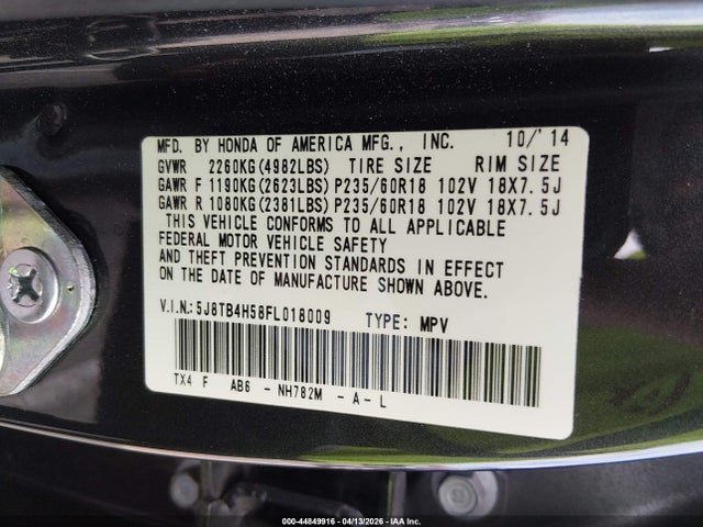 44849916 :رقم المزاد ، 5J8TB4H58FL018009 vin ، 2015 Acura Rdx مزاد بيع