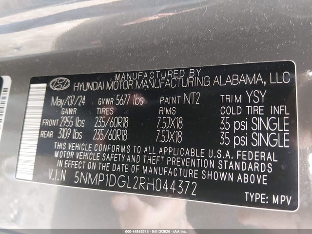 44849918 :رقم المزاد ، 5NMP1DGL2RH044372 vin ، 2024 Hyundai Santa Fe Se مزاد بيع