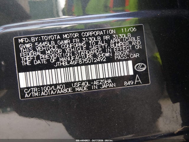 44849921 :رقم المزاد ، JTHBL46F875012492 vin ، 2007 Lexus Ls 460 مزاد بيع