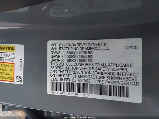 2026 Acura Integra Fwd A-spec მანქანა იყიდება აუქციონზე, vin: 19UDE4H35TA007468, აუქციონის ნომერი: 44849926