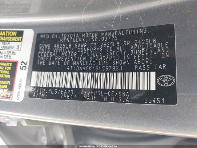 Продаж на аукціоні авто 2025 Toyota Camry Se, vin: 4T1DAACK4SU597923, номер лоту: 44849931
