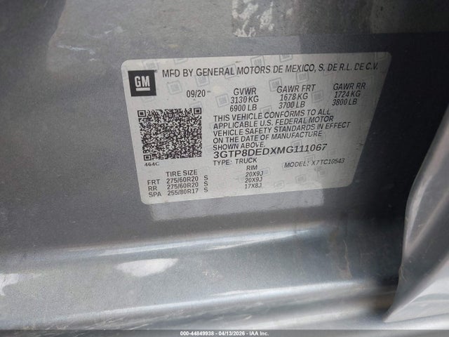 Aukcja sprzedaży 2021 Gmc Sierra 1500 2wd  Short Box Slt, vin: 3GTP8DEDXMG111067, numer aukcji: 44849938
