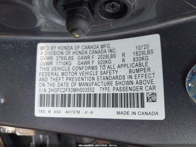 2021 Honda Civic Sport მანქანა იყიდება აუქციონზე, vin: 2HGFC2F83MH503552, აუქციონის ნომერი: 44849939