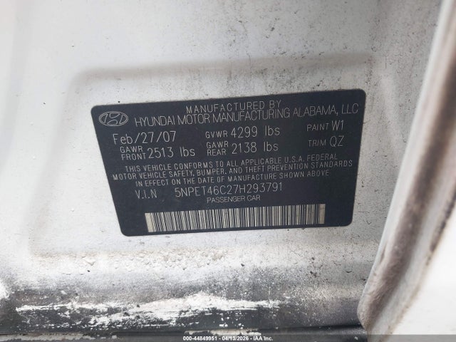 Продаж на аукціоні авто 2007 Hyundai Sonata Gls, vin: 5NPET46C27H293791, номер лоту: 44849951