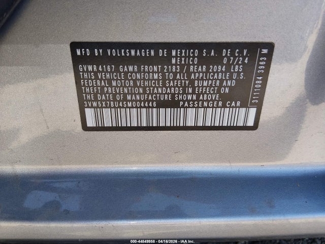 44849958 :رقم المزاد ، 3VW5X7BU4SM004446 vin ، 2025 Volkswagen Jetta 1.5t S مزاد بيع