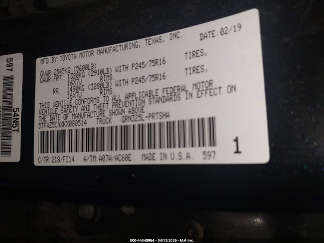 5TFAZ5CNXKX080514 Toyota Tacoma Sr5 V6
