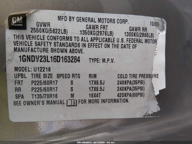 2006 Chevrolet Uplander Ls მანქანა იყიდება აუქციონზე, vin: 1GNDV23L16D163284, აუქციონის ნომერი: 44849970
