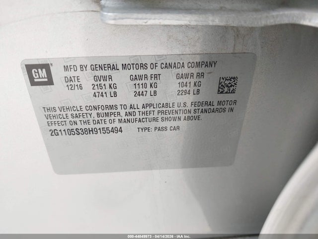 Aukcja sprzedaży 2017 Chevrolet Impala 1lt, vin: 2G1105S38H9155494, numer aukcji: 44849973
