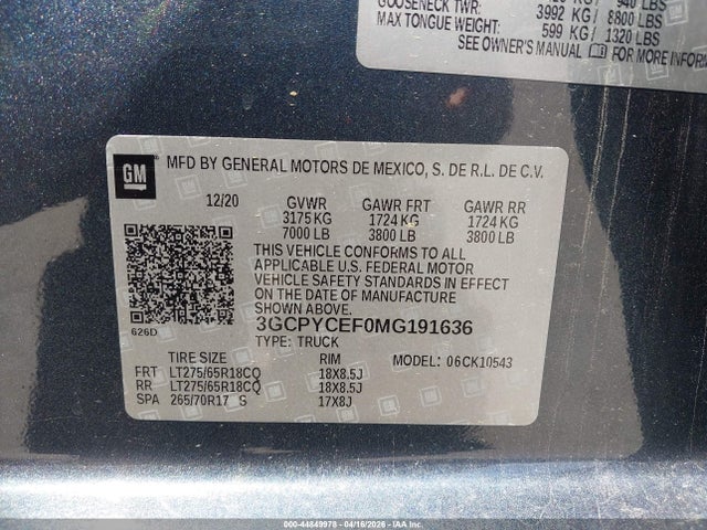 44849978 :رقم المزاد ، 3GCPYCEF0MG191636 vin ، 2021 Chevrolet Silverado 1500 4wd  Short Bed Custom Trail Boss مزاد بيع