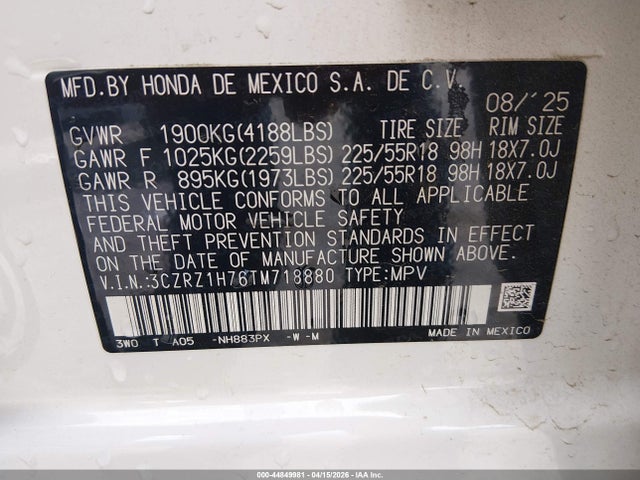 44849981 :رقم المزاد ، 3CZRZ1H76TM718880 vin ، 2026 Honda Hr-v 2wd Ex-l مزاد بيع