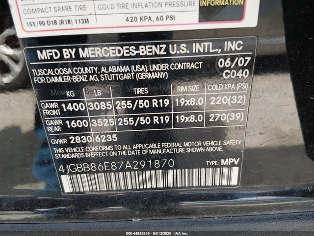 Aukcja sprzedaży 2007 Mercedes-benz Ml 350 4matic, vin: 4JGBB86E87A291870, numer aukcji: 44849989