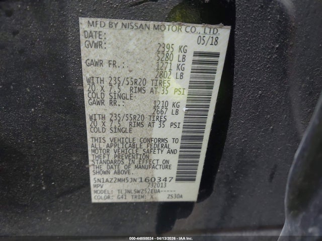 5N1AZ2MH5JN160347 Nissan Murano Platinum