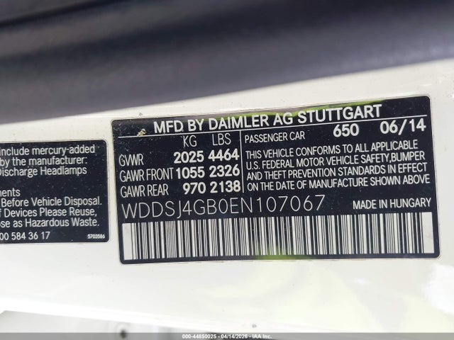 44850025 :رقم المزاد ، WDDSJ4GB0EN107067 vin ، 2014 Mercedes-benz Cla 250 4matic مزاد بيع