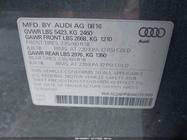 44850031 :رقم المزاد ، WA1C2AFP4HA035366 vin ، 2017 Audi Q5 2.0t Premium مزاد بيع