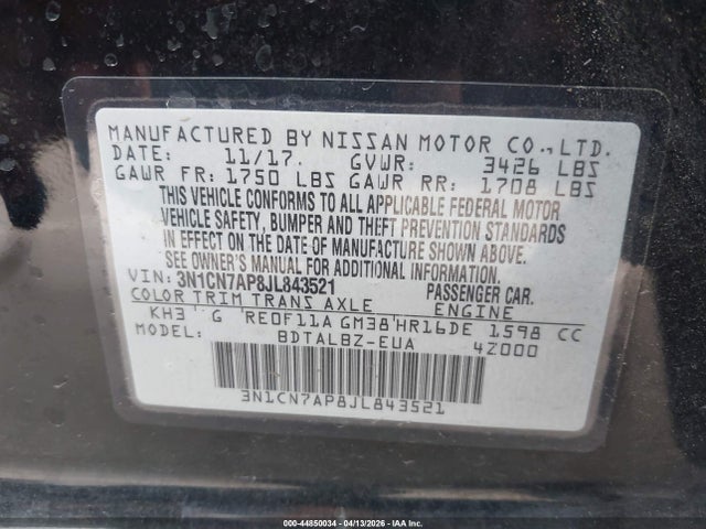 3N1CN7AP8JL843521 Nissan Versa 1.6 Sv
