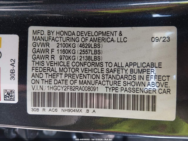 44850055 :رقم المزاد ، 1HGCY2F82RA008091 vin ، 2024 Honda Accord Hybrid Touring مزاد بيع