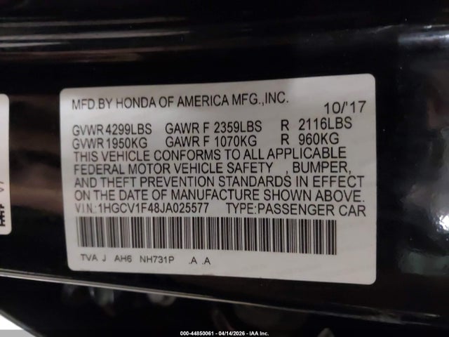2018 Honda Accord Ex მანქანა იყიდება აუქციონზე, vin: 1HGCV1F48JA025577, აუქციონის ნომერი: 44850061