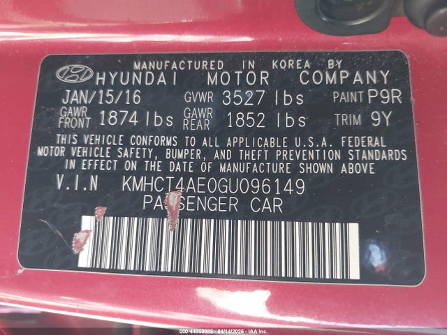 2016 Hyundai Accent Se მანქანა იყიდება აუქციონზე, vin: KMHCT4AE0GU096149, აუქციონის ნომერი: 44850085