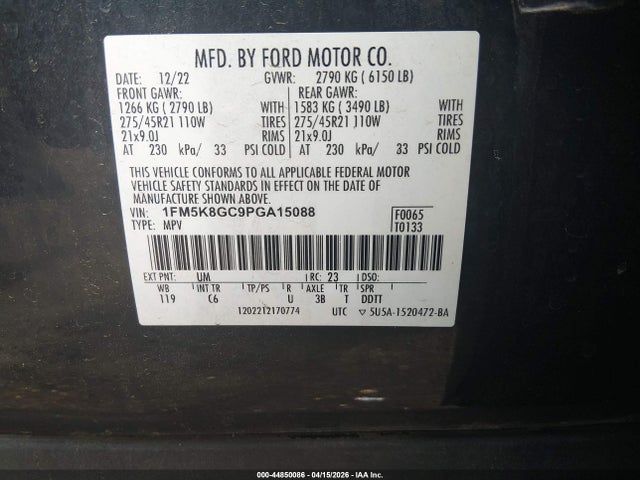 Auction sale of the 2023 Ford Explorer St, vin: 1FM5K8GC9PGA15088, lot number: 44850086