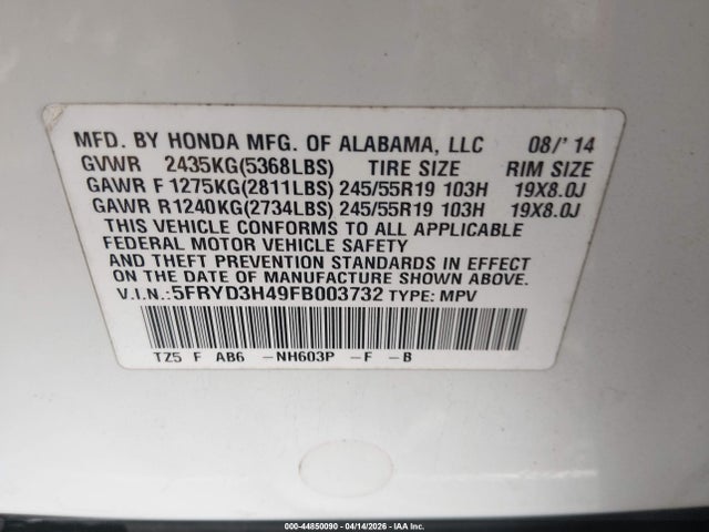 44850090 :رقم المزاد ، 5FRYD3H49FB003732 vin ، 2015 Acura Mdx Technology Package مزاد بيع