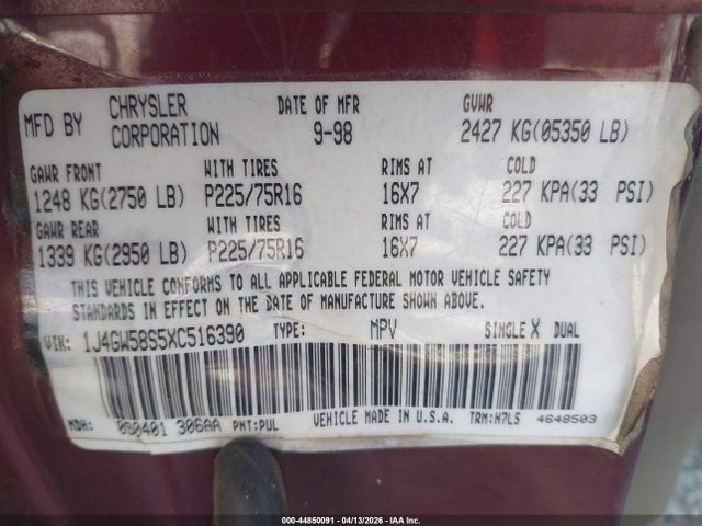 44850091 :رقم المزاد ، 1J4GW58S5XC516390 vin ، 1999 Jeep Grand Cherokee Laredo مزاد بيع