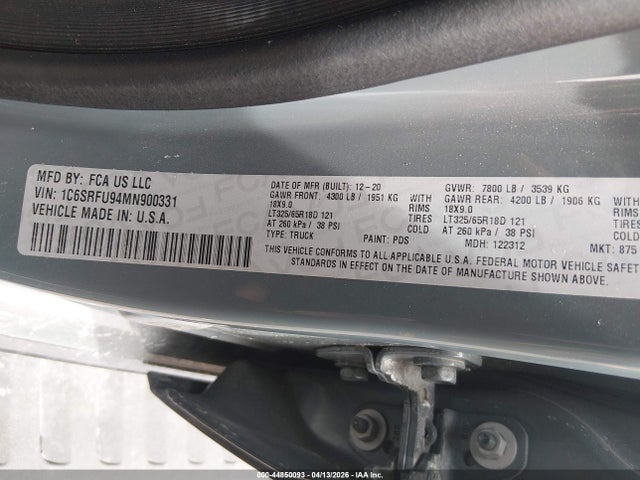 44850093 :رقم المزاد ، 1C6SRFU94MN900331 vin ، 2021 Ram 1500 مزاد بيع