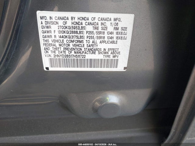 44850102 :رقم المزاد ، 2HNYD28517H511722 vin ، 2007 Acura Mdx Sport Package مزاد بيع