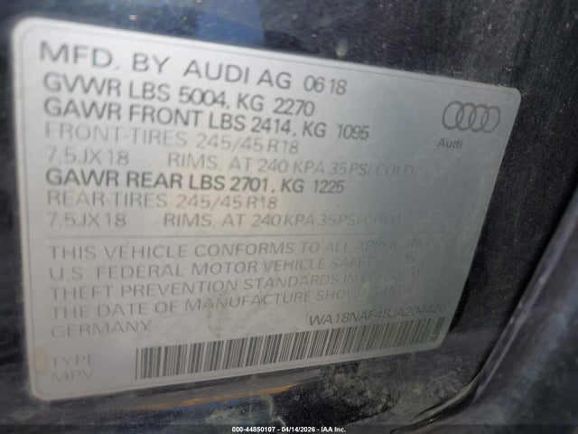 Aukcja sprzedaży 2018 Audi A4 Allroad 2.0t Premium/2.0t Tech Premium, vin: WA18NAF48JA204426, numer aukcji: 44850107