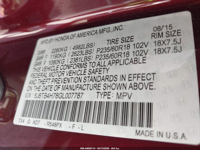 Продажа на аукционе авто 2016 Acura Rdx Advance Package, vin: 5J8TB4H78GL007787, номер лота: 44850114