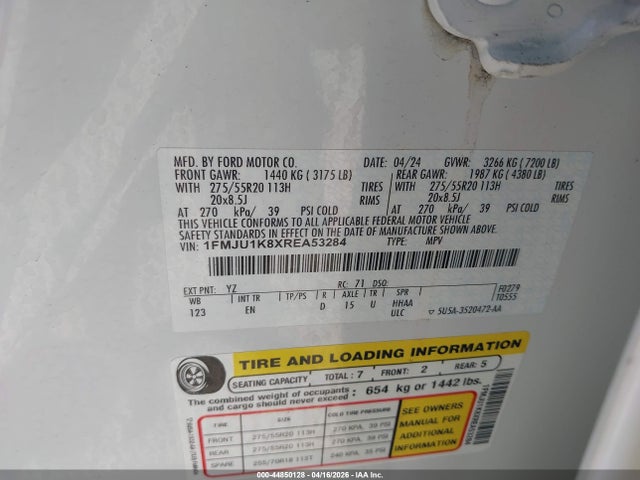 2024 Ford Expedition Limited მანქანა იყიდება აუქციონზე, vin: 1FMJU1K8XREA53284, აუქციონის ნომერი: 44850128
