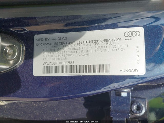 Aukcja sprzedaży 2017 Audi A3 2.0t Premium, vin: WAUAUGFF1H1027563, numer aukcji: 44850131