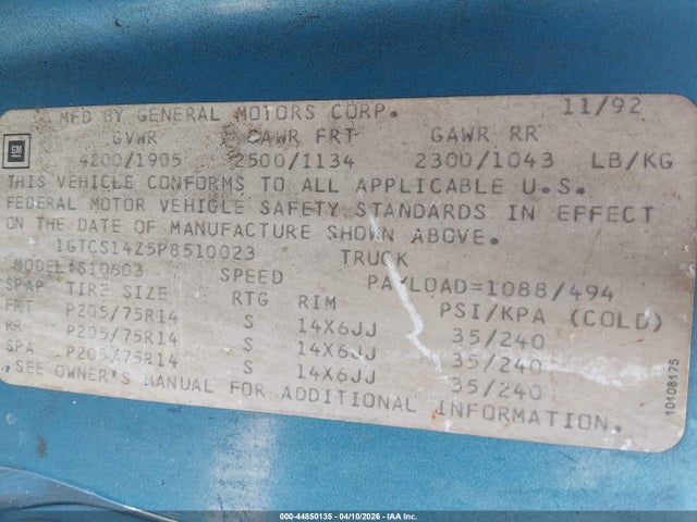 Продажа на аукционе авто 1993 Gmc Sonoma, vin: 1GTCS14Z5P8510023, номер лота: 44850135