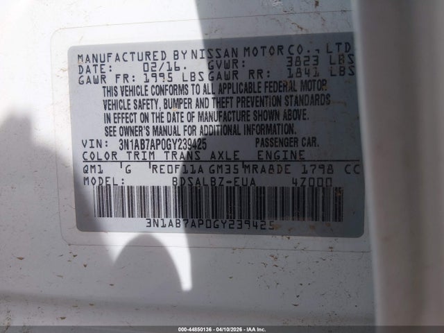 3N1AB7AP0GY239425 Nissan Sentra Fe+ S/s/sl/sr/sv