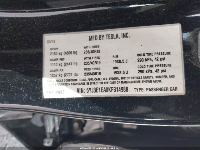 Tesla Model 3 Long Range/mid Range/standard Range/standard Range Plus 2019 5YJ3E1EA8KF314988 Image 9