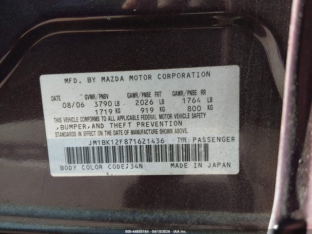 44850184 :رقم المزاد ، JM1BK12F871621436 vin ، 2007 Mazda Mazda3 I مزاد بيع