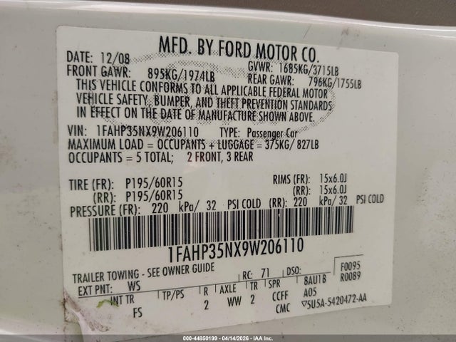 44850199 :رقم المزاد ، 1FAHP35NX9W206110 vin ، 2009 Ford Focus Se مزاد بيع