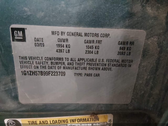 Aukcja sprzedaży 2009 Chevrolet Malibu Lt, vin: 1G1ZH57B99F223709, numer aukcji: 44850200