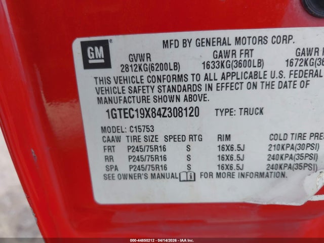 Aukcja sprzedaży 2004 Gmc Sierra 1500, vin: 1GTEC19X84Z308120, numer aukcji: 44850212