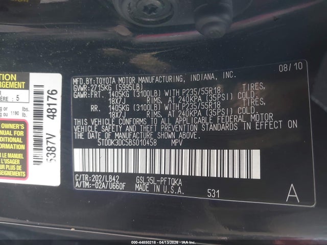 Aukcja sprzedaży 2011 Toyota Sienna Xle, vin: 5TDDK3DC5BS010458, numer aukcji: 44850218