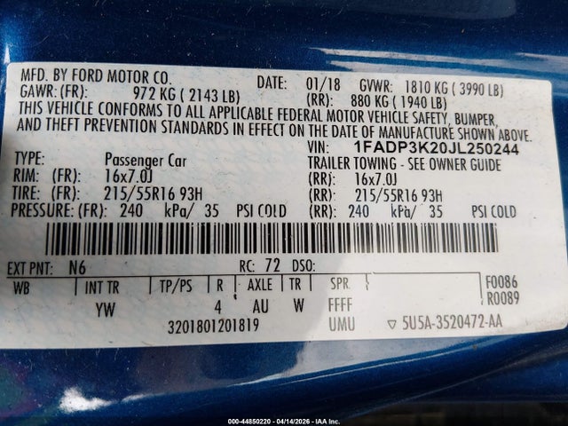 Aukcja sprzedaży 2018 Ford Focus Se, vin: 1FADP3K20JL250244, numer aukcji: 44850220