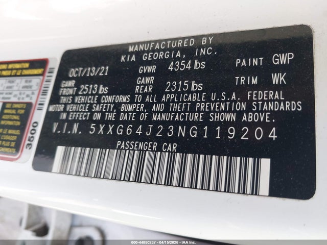 Aukcja sprzedaży 2022 Kia K5 Gt-line, vin: 5XXG64J23NG119204, numer aukcji: 44850237