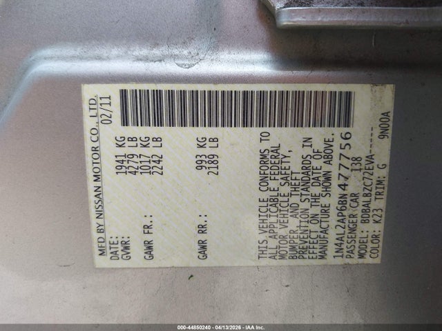 44850240 :رقم المزاد ، 1N4AL2AP6BN477756 vin ، 2011 Nissan Altima 2.5 S مزاد بيع