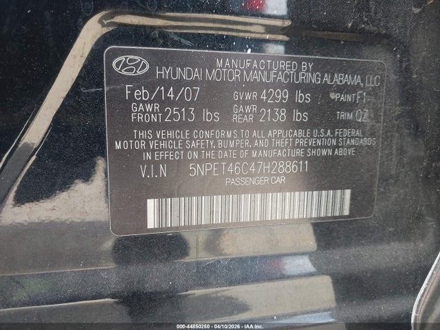 2007 Hyundai Sonata Gls მანქანა იყიდება აუქციონზე, vin: 5NPET46C47H288611, აუქციონის ნომერი: 44850250