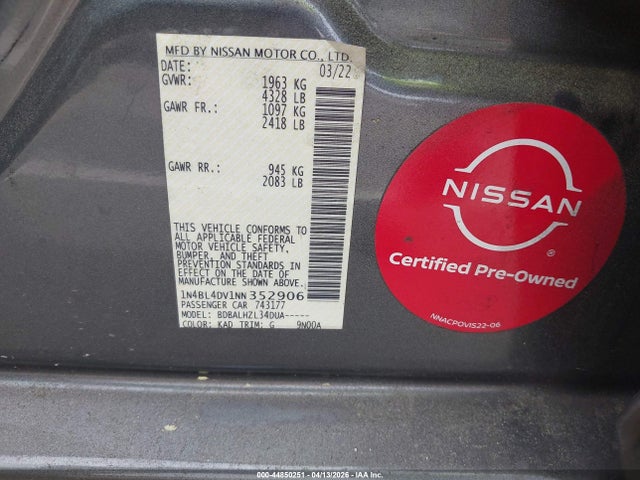 44850251 :رقم المزاد ، 1N4BL4DV1NN352906 vin ، 2022 Nissan Altima Sv Fwd مزاد بيع