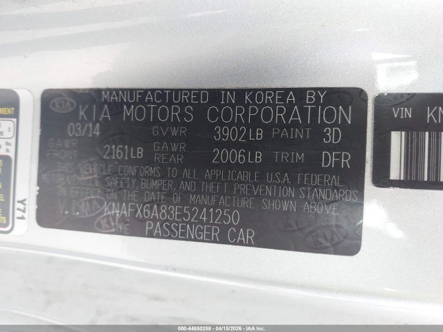 2014 Kia Forte Koup Ex მანქანა იყიდება აუქციონზე, vin: KNAFX6A83E5241250, აუქციონის ნომერი: 44850258