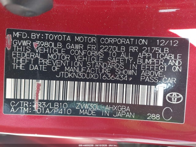 2013 Toyota Prius Four მანქანა იყიდება აუქციონზე, vin: JTDKN3DUXD1636434, აუქციონის ნომერი: 44850259