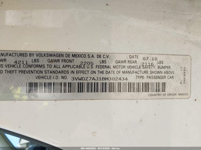 44850262 :رقم المزاد ، 3VWDZ7AJ1BM302434 vin ، 2011 Volkswagen Jetta 2.5l Se مزاد بيع