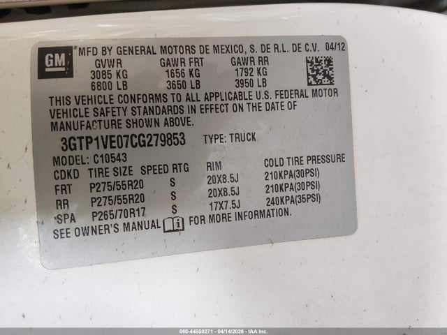 44850271 :رقم المزاد ، 3GTP1VE07CG279853 vin ، 2012 Gmc Sierra 1500 Sle مزاد بيع