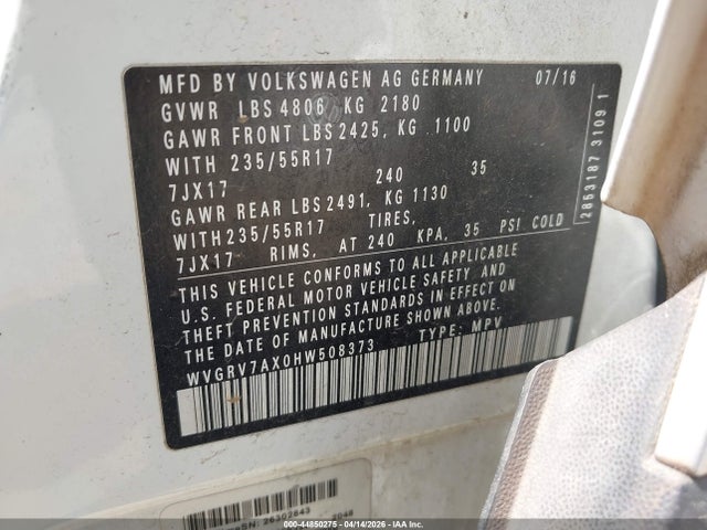 44850275 :رقم المزاد ، WVGRV7AX0HW508373 vin ، 2017 Volkswagen Tiguan 2.0t Wolfsburg Edition مزاد بيع
