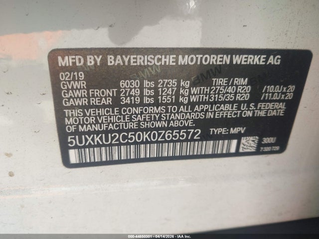 Aukcja sprzedaży 2019 Bmw X6 Xdrive35i, vin: 5UXKU2C50K0Z65572, numer aukcji: 44850301